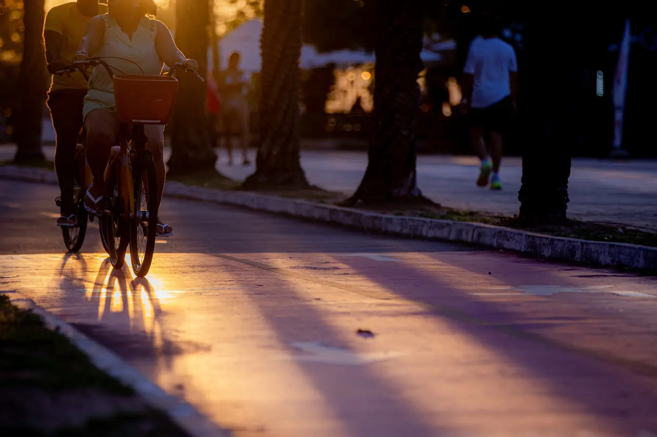 Ciclistas pedalam em ciclovia arborizada ao entardecer, com luz dourada do sol e pedestres ao fundo.