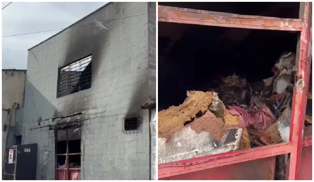 Montagem com duas fotos de incêndio no bairro Henrique Jorge, em Fortaleza. Na primeira foto, fachada do local revestida com cimento mostra sinais do fogo já pagado. Já na segunda, objetos da fábrica são vistos destruídos após chamas terem sido debeladas.