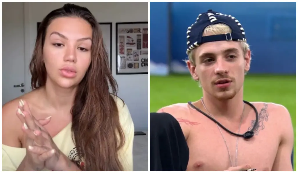 Montagem com duas fotografias lado a lado. À esquerda, há uma pessoa sentada em um ambiente interno claro, com parede branca ao fundo decorada por vários quadros. A pessoa possui cabelos longos e escuros, veste uma blusa clara de ombro caído e mantém as mãos juntas à frente do corpo. À direita, há outra pessoa em um ambiente externo ou iluminado artificialmente, usando um boné escuro com detalhes claros virado para trás.