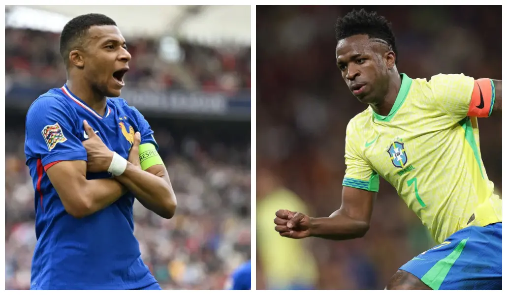 Montagem com fotos de Mbappé e Vini Júnior