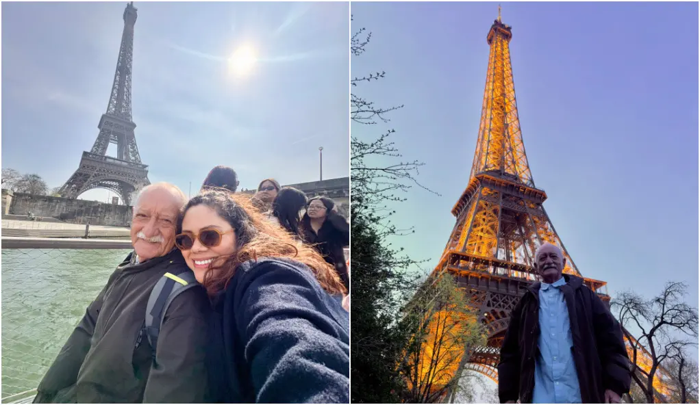 Duas fotos diferentes dos mesmos personagens: Bia Penha e o pai, João Bosco, em frente a Torre Eiffel. 

O lado esquerdo mostra uma selfie diurna tirada de um barco no rio Sena. Uma mulher jovem, com grandes óculos de sol castanho-alaranjados e cabelo ondulado, sorri e se inclina para um homem mais velho sorridente com um bigode branco proeminente. Atrás deles, a base e a estrutura completa da Torre Eiffel se elevam sob um céu azul claro e ensolarado, com o sol brilhante visível como um clarão. A água verde do Sena e outros turistas são visíveis.

O lado direito é um retrato noturno do mesmo homem mais velho com bigode branco. Ele está de pé, olhando para a câmera com um leve sorriso, vestindo uma camisa de botão azul claro sob uma jaqueta escura aberta. Ele está em um parque, com galhos de árvores nus em primeiro plano. Atrás dele, a Torre Eiffel está lindamente iluminada com luz dourada quente contra um céu crepuscular azul-púrpura profundo.