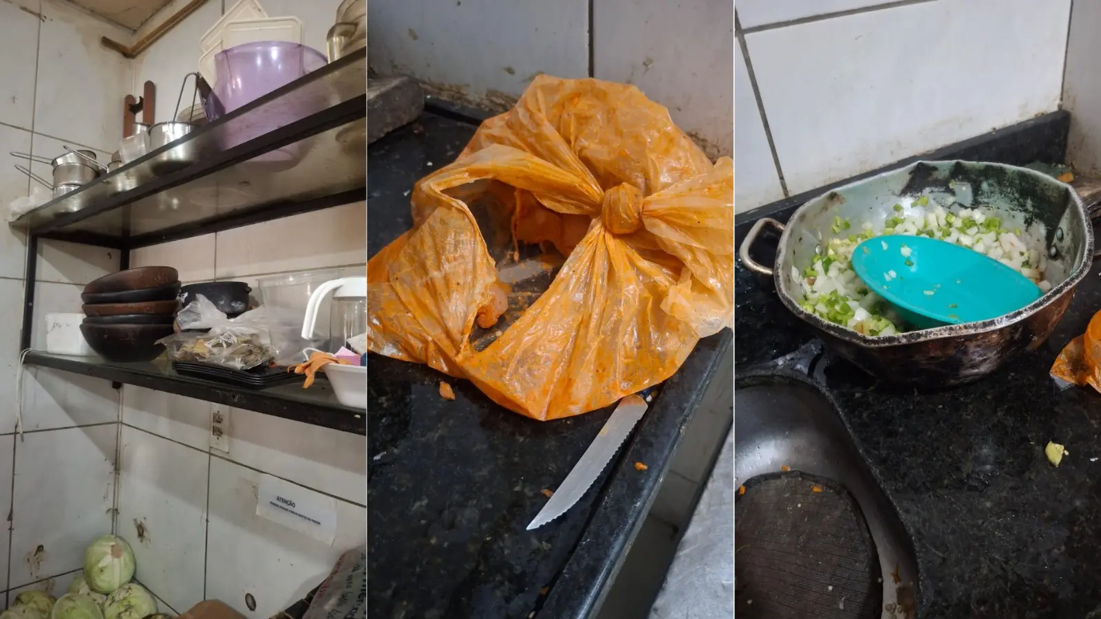 Montagem de três fotos mostra vegetais expostos, sacolas plásticas sujas e louça também suja.