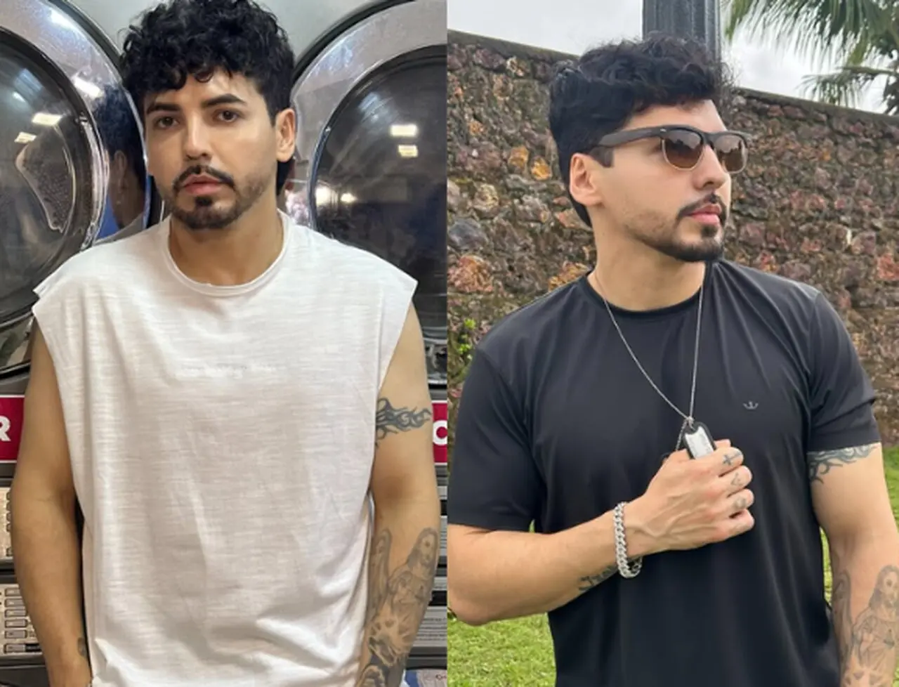 Homem branco de cabelos pretos, ondulados e curtos em duas fotos coladas. À esquerda, traja uma blusa branca regata, com o braço esposto com tatuagens. À direita, usa uma blusa preta e óculos escuros.