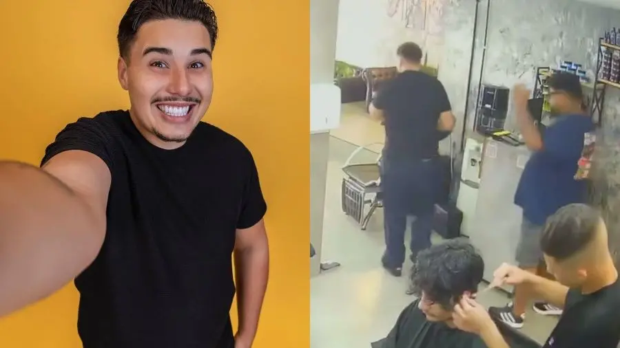 montagem com fotos de pedro espíndola, do bbb 26, e imagem de câmera de segurança mostrando o ex-participante brigando em barbearia.