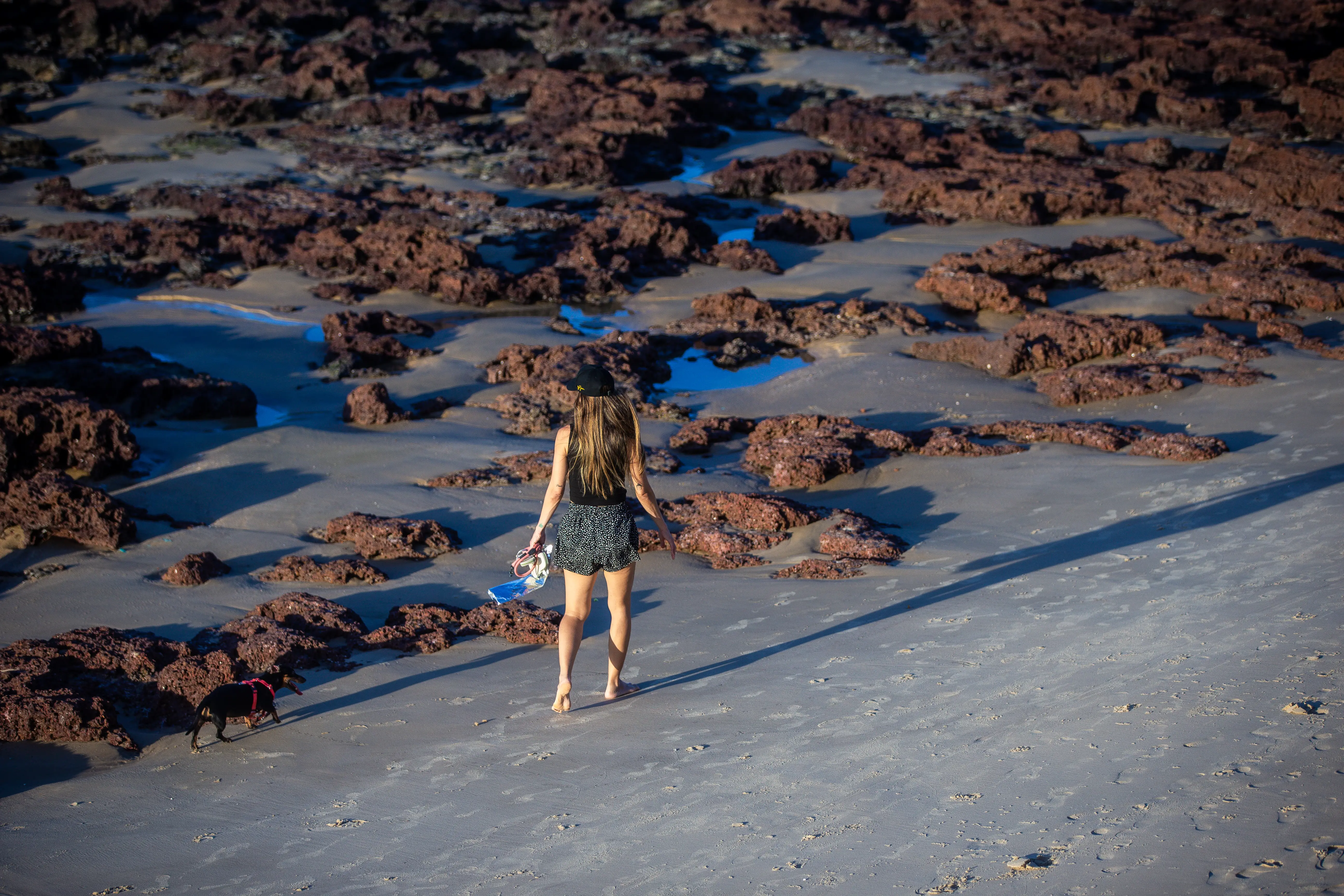 Mulher caminha com seu cachorro por uma faixa de areia. 