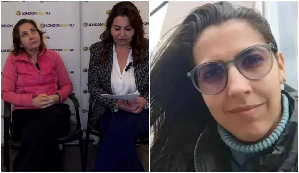 Imagem dividida em duas partes. À esquerda, duas pessoas sentadas em cadeiras durante uma entrevista, em ambiente interno, com fundo contendo logotipo e uma delas segurando papéis. À direita, uma pessoa em ambiente externo, usando casaco e gola alta, com o cabelo solto ao vento.