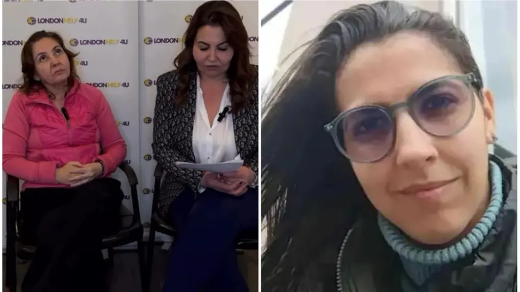 Imagem dividida em duas partes. À esquerda, duas pessoas sentadas em cadeiras durante uma entrevista, em ambiente interno, com fundo contendo logotipo e uma delas segurando papéis. À direita, uma pessoa em ambiente externo, usando casaco e gola alta, com o cabelo solto ao vento.