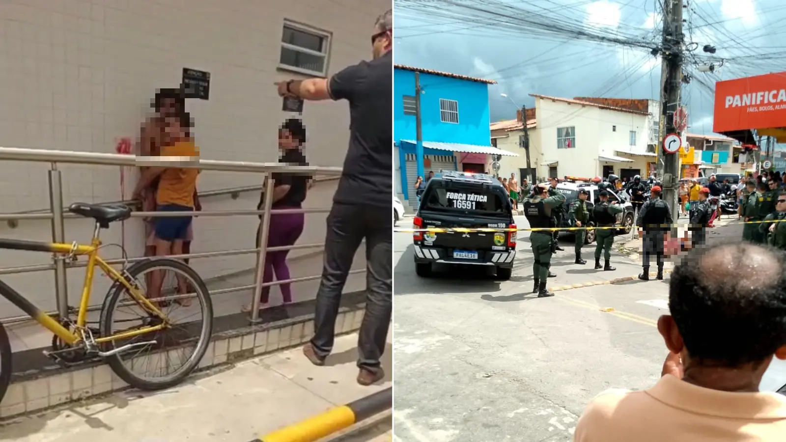 Montagem de fotos mostra, à esquerda, o suspeito do homicídio e, à direita, a população no entorno da vítima.