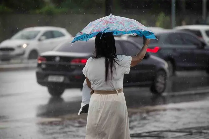 Pessoa de costas segurando um guarda-chuva azul estampado em rua molhada sob chuva leve, com carros ao fundo.