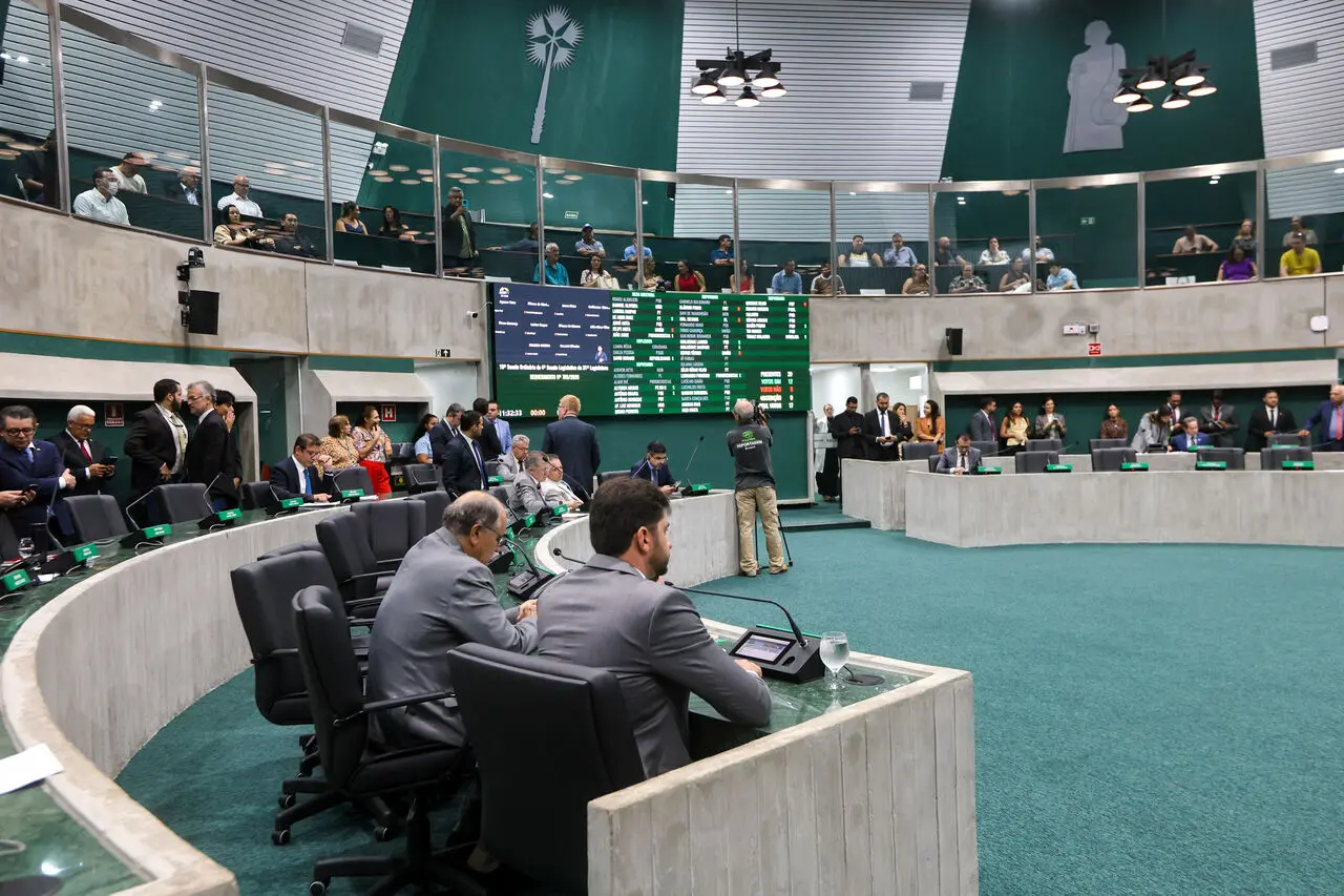 Imagem interna de um plenário, com políticos sentados nas cadeiras das bancadas em meio à sessão.