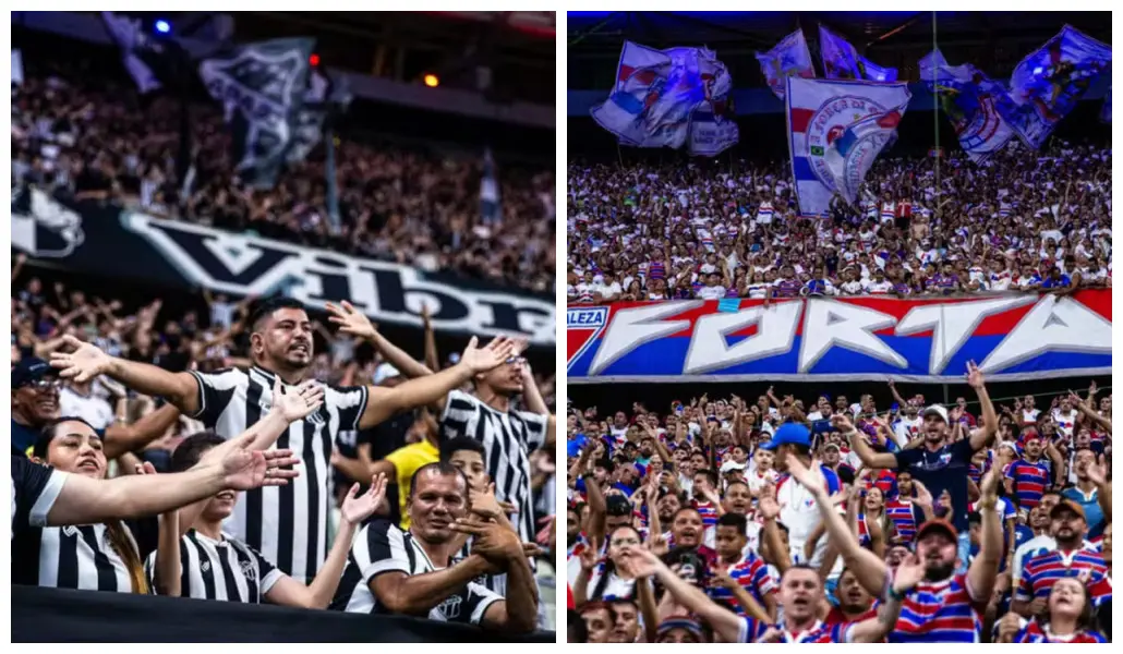 Montagem com foto das torcidas de Ceará e Fortaleza