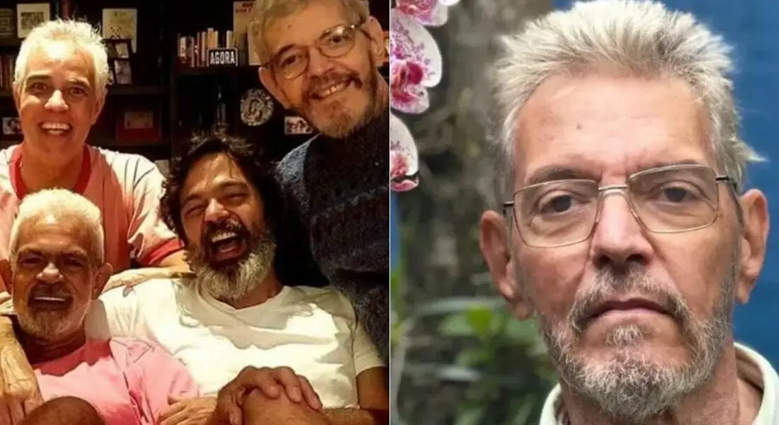 Montagem com duas imagens: à esquerda, grupo de homens de cabelos grisalhos reunidos e sorrindo em ambiente interno; à direita, retrato isolado de homem com barba, óculos e expressão séria. O homem é Duda Anysio, filho de Chico Anysio que morreu.