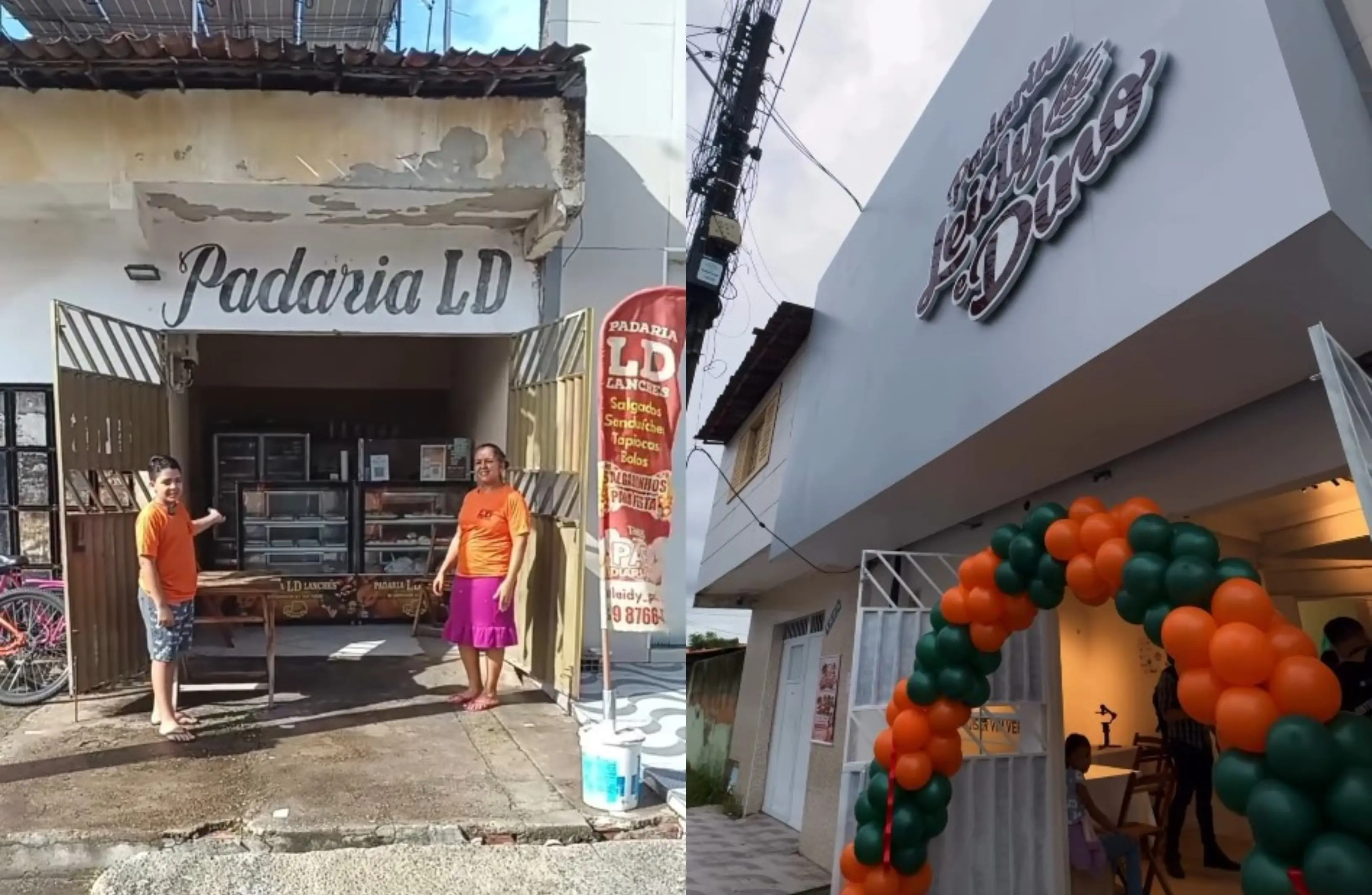 Montagem com duas imagens mostra antes e depois de uma padaria: à esquerda, fachada simples e desgastada da “Padaria LD”, com duas pessoas na entrada; à direita, novo espaço reformado, com fachada moderna, nova identidade visual e arco de balões na entrada.