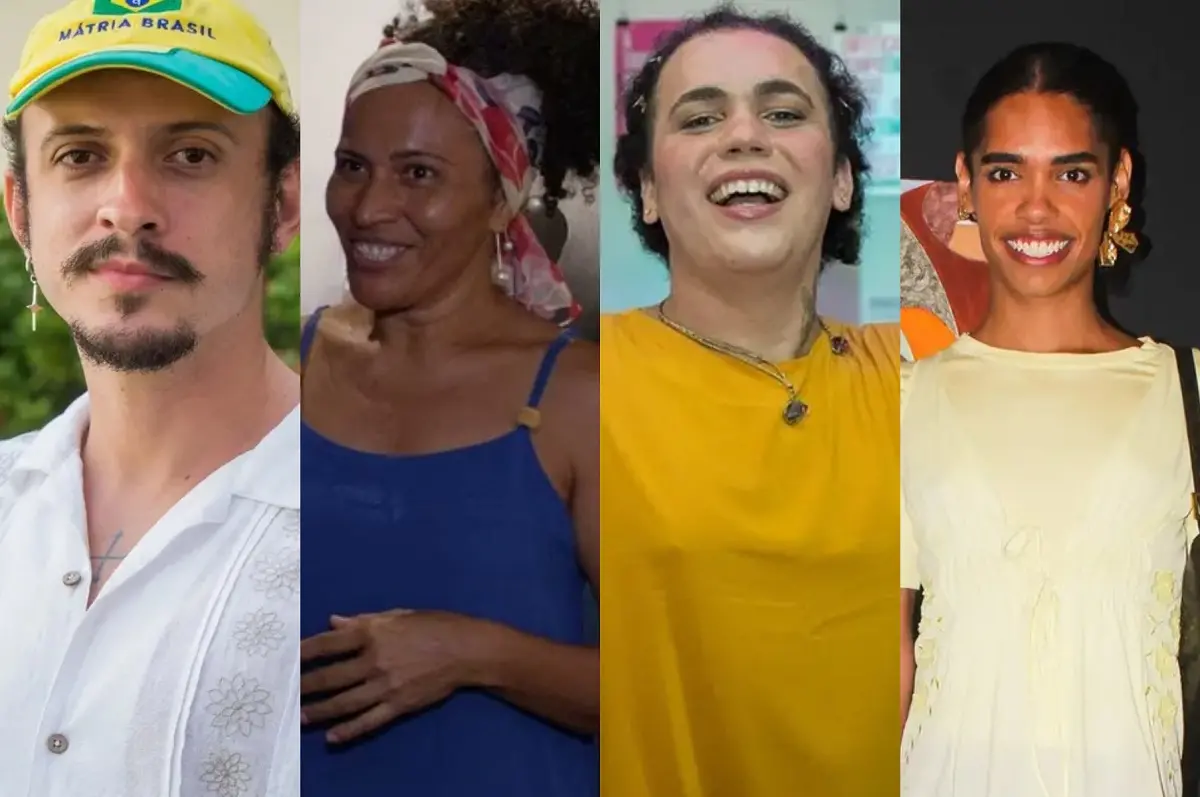 Montagem com quatro retratos de pessoas diferentes: à esquerda, um homem de boné amarelo e camisa clara; ao lado, uma mulher sorridente com lenço na cabeça e blusa azul; na terceira imagem, uma pessoa de camiseta amarela sorrindo; à direita, uma mulher com cabelo preso, brincos grandes e vestido claro, também sorrindo.