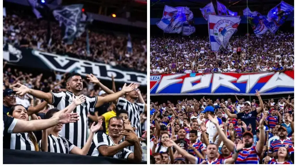 Montagem com fotos das torcidas de Ceará e Fortaleza