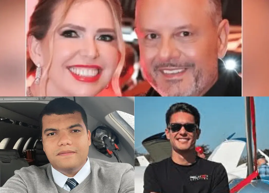Montagem com quatro fotos de vítimas de um acidente aéreo. Na parte superior, um homem e uma mulher sorrindo em um evento. Na parte inferior esquerda, um homem usando camisa social e gravata dentro de uma aeronave. Na parte inferior direita, um homem jovem de óculos escuros em frente a um avião, sorrindo e com os braços cruzados.