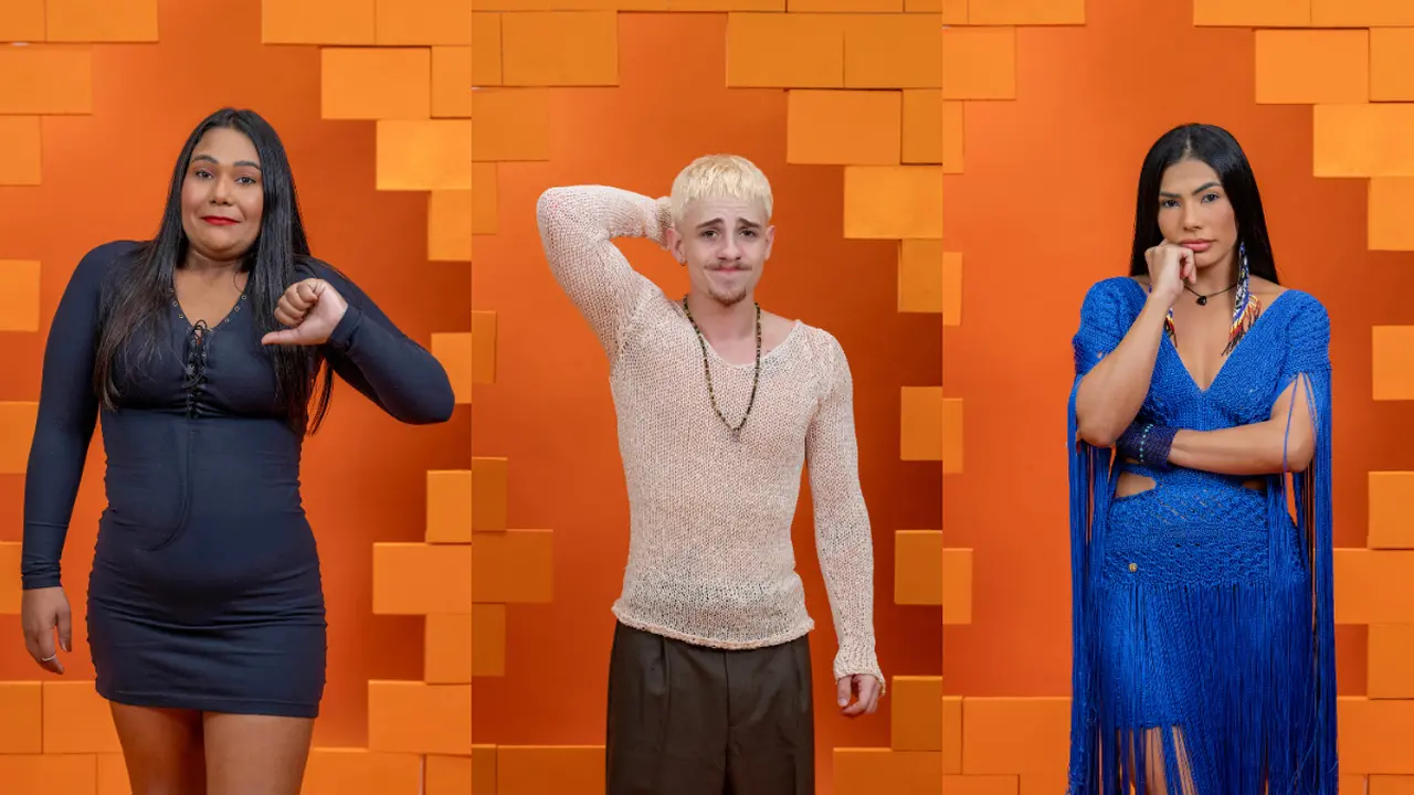 Foto montagem dos brothers Chaiany, Juliano e Marciele, que estão no paredão do BBB 26.