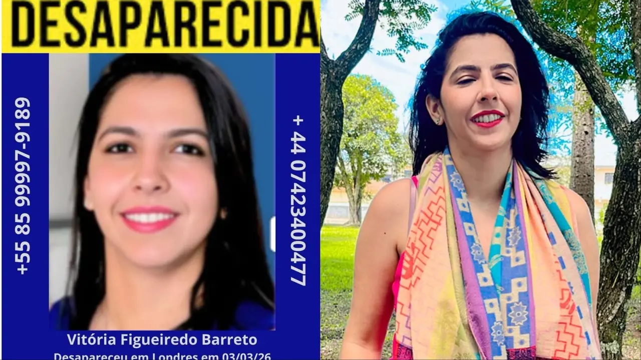 Cartaz informativo apresenta fotos de Vitória Figueiredo Barreto, uma mulher de cabelos escuros e sorriso suave, acompanhadas por números de contato e o status de 