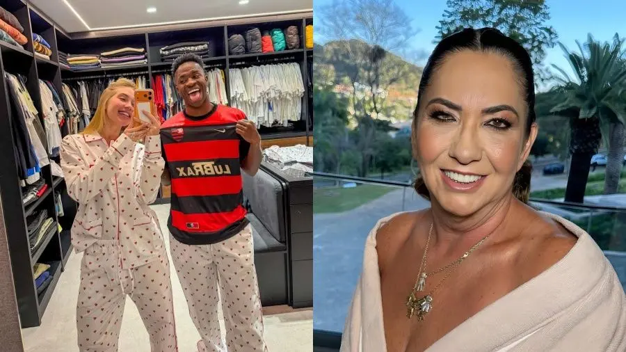 Montagem de duas fotos, com a primeira mostrando Virgínia e Vini Jr. e a outra a mãe de Virgínia, Margareth Serrão.