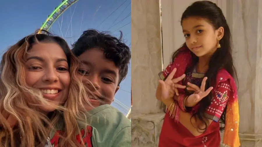 Montagem com duas fotos. Na primeira, a atriz Karina Ferrari, que interpretou Anusha em 