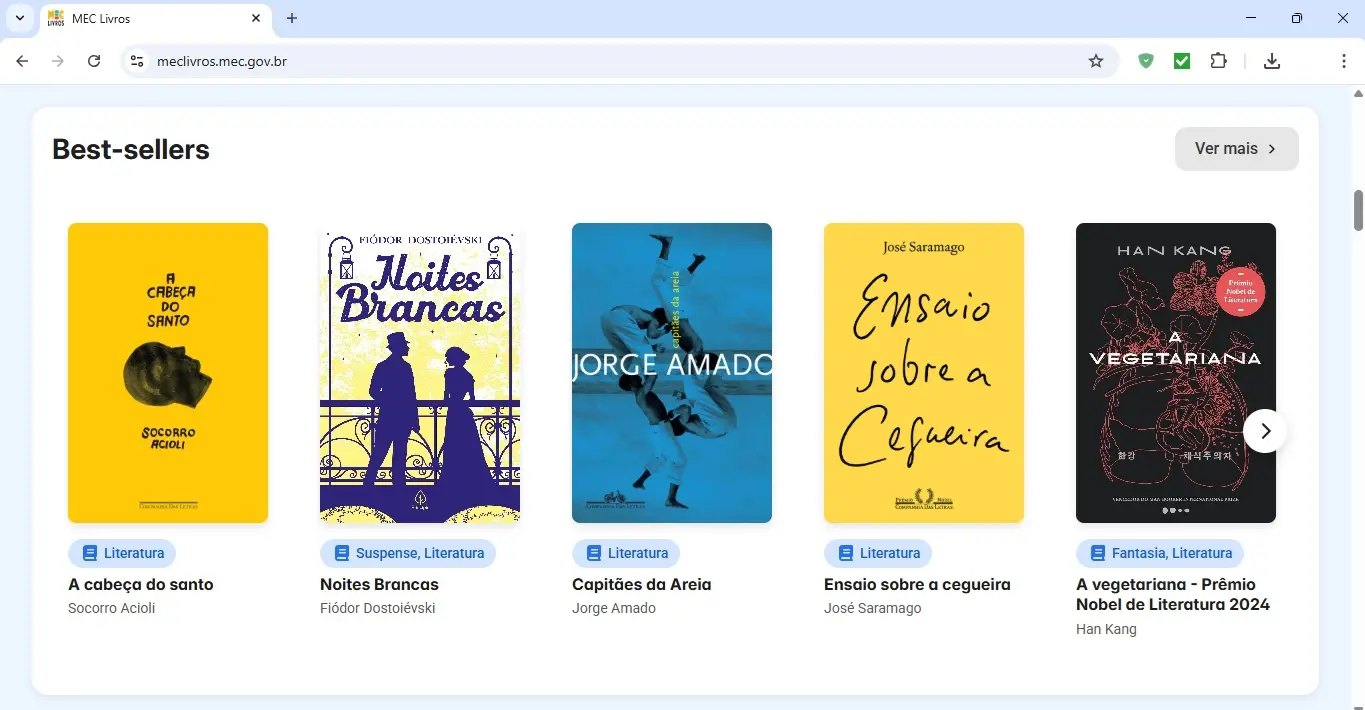 A captura de tela mostra a seção 'Best-sellers' do site MEC Livros, exibindo uma fileira de cinco capas de obras literárias famosas lado a lado. Os títulos incluem 'A cabeça do santo', 'Noites Brancas', 'Capitães da Areia', 'Ensaio sobre a cegueira' e 'A vegetariana', cada um acompanhado pelo nome do autor e etiquetas de gênero.