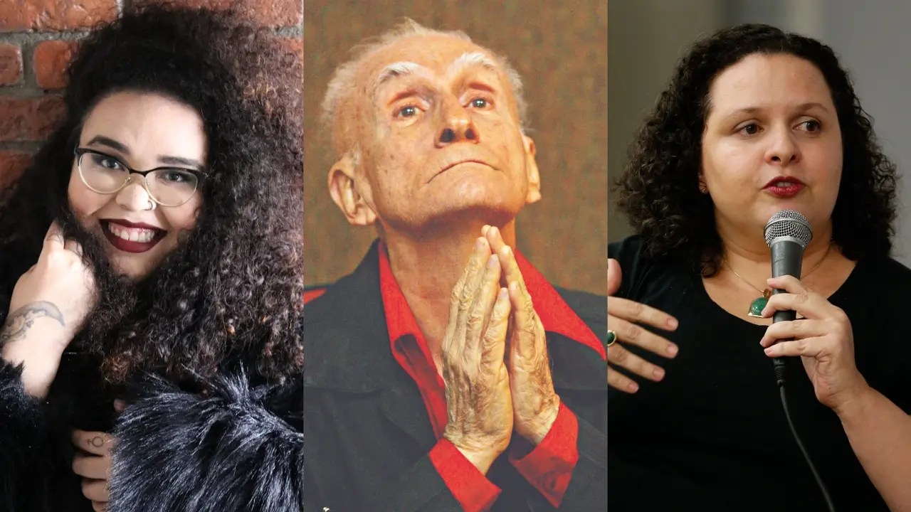 Três retratos lado a lado apresentam Jarid Arraes sorrindo à esquerda, Ariano Suassuna com as mãos postas em prece ao centro e Socorro Acioli falando ao microfone à direita. A composição destaca a expressividade dos autores nordestinos em diferentes contextos.