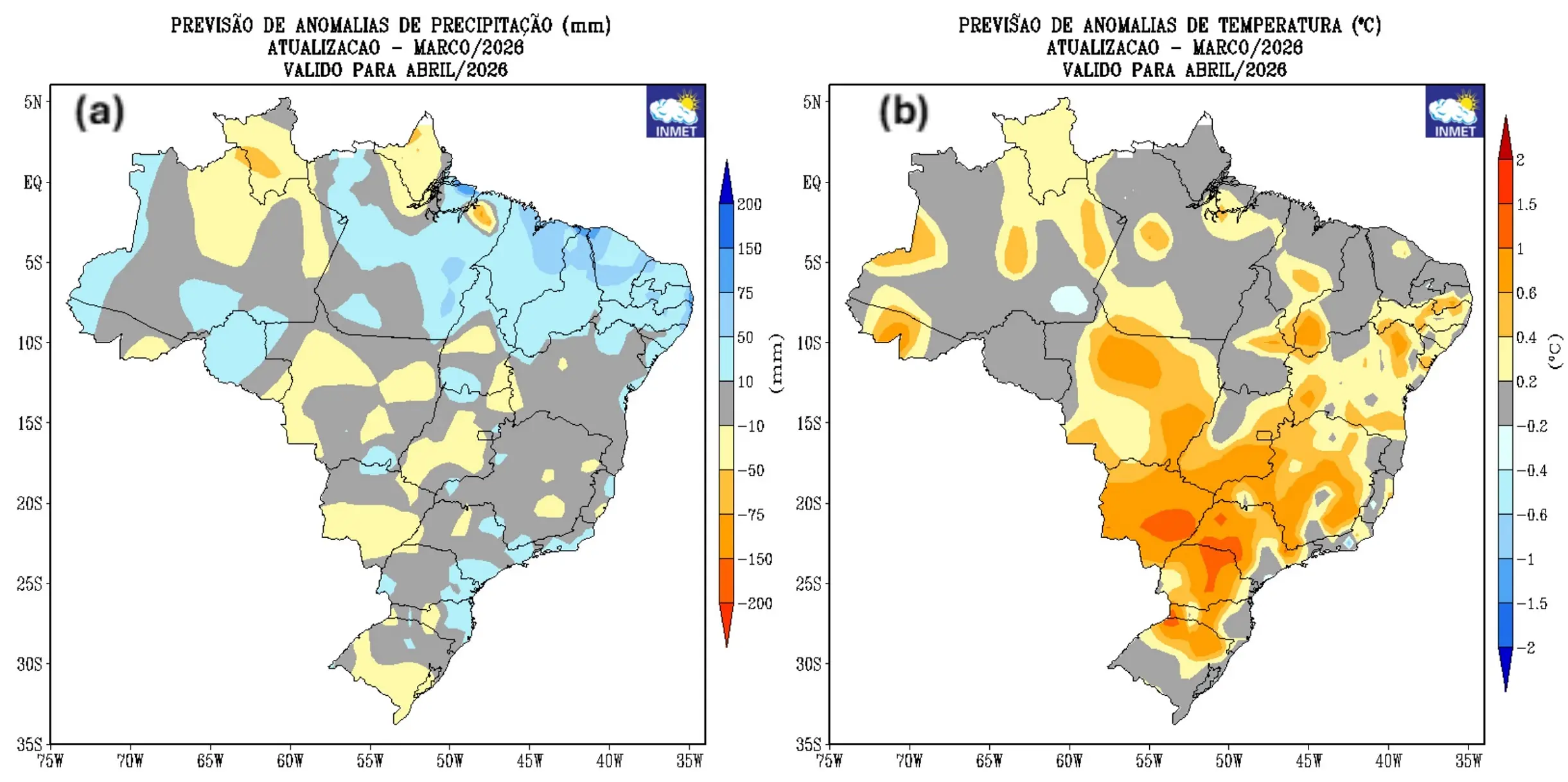 Dois mapas infográficos mostrando o Brasil inteiro e manchas azuis e laranjas. As manchas azuis mostram onde pode chover mais; já as laranjas e amarelas, onde a temperatura pode ficar mais alta no mês de abril.