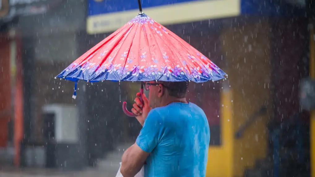 Homem de costas sob chuva moderada, vestindo camiseta azul e segurando uma sacola plástica branca. Ele se protege com um guarda-chuva colorido de estilo oriental, com tons de vermelho, azul e estampas florais. O fundo urbano está desfocado, destacando as gotas de chuva caindo.