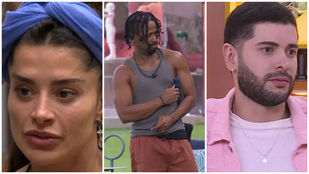 Pessoa com cabelo coberto por faixa azul, enquadramento fechado, vestindo roupa escura. Pessoa em pé ao ar livre, usando regata cinza e calça marrom, com um objeto apoiado no ombro. Pessoa usando jaqueta rosa clara, camiseta branca e colar, em ambiente interno.