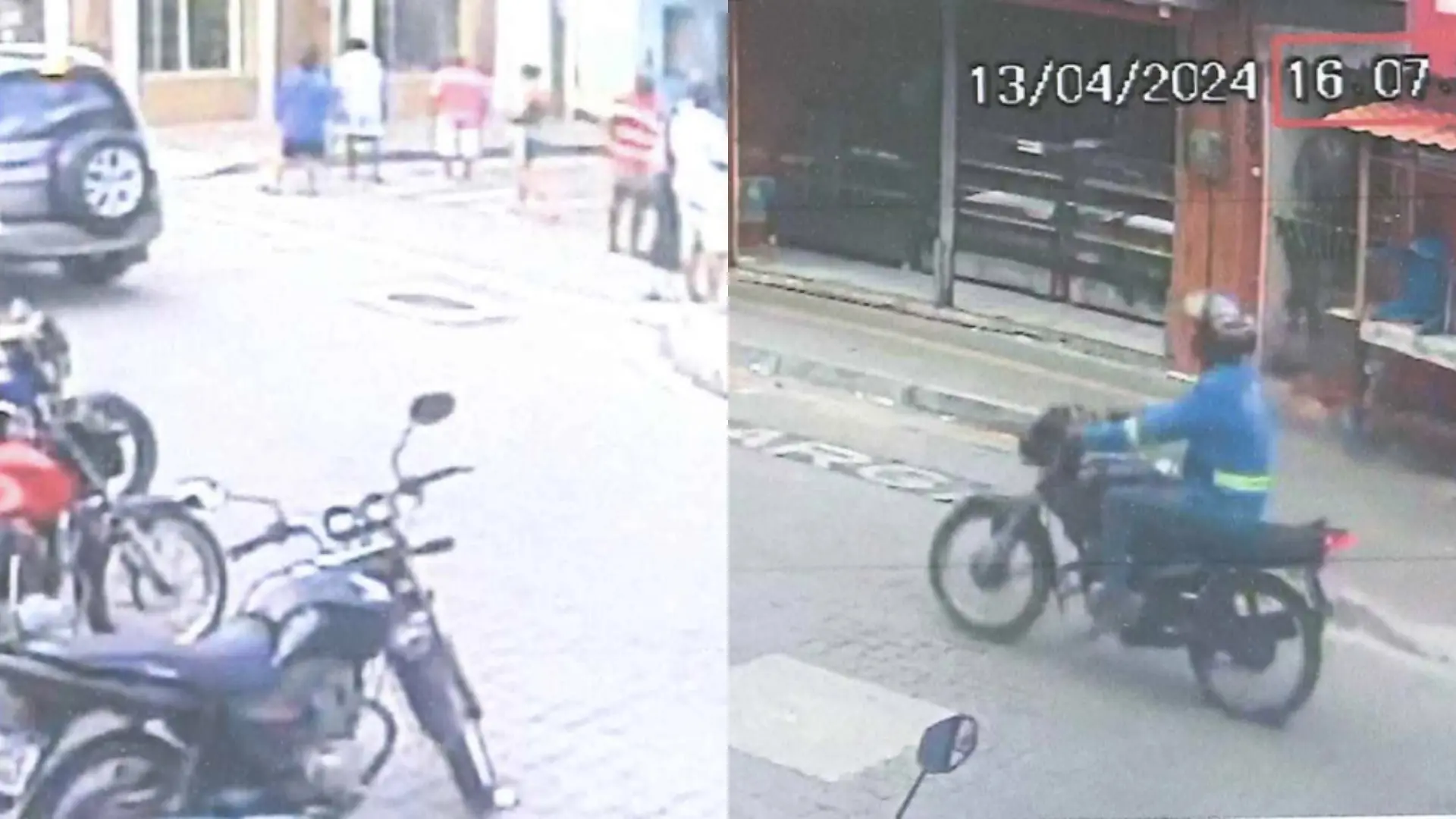 Imagem composta por duas câmeras de segurança. À esquerda, motocicletas estacionadas em uma rua, com pedestres ao fundo. À direita, um homem usando capacete conduz uma motocicleta pela via. As cenas ocorreram minutos antes de o homem da motocicleta matar duas pessoas a tiros no bairro Cristo Redentor, em Fortaleza.