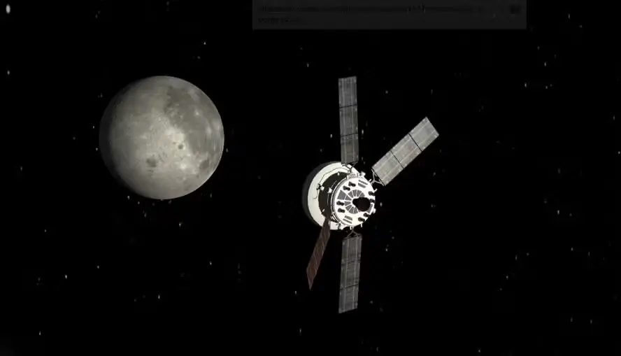 Satélite em órbita com a Lua ao fundo, representando a exploração espacial e missões espaciais.