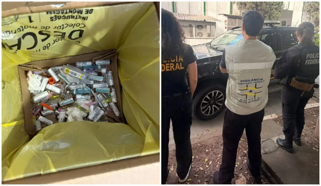 Caixa com diversos medicamentos e seringas recolhidos em operação e, ao lado, pessoas sob escolta da Polícia Federal ao lado de um veículo, durante ação contra venda ilegal de medicamentos.