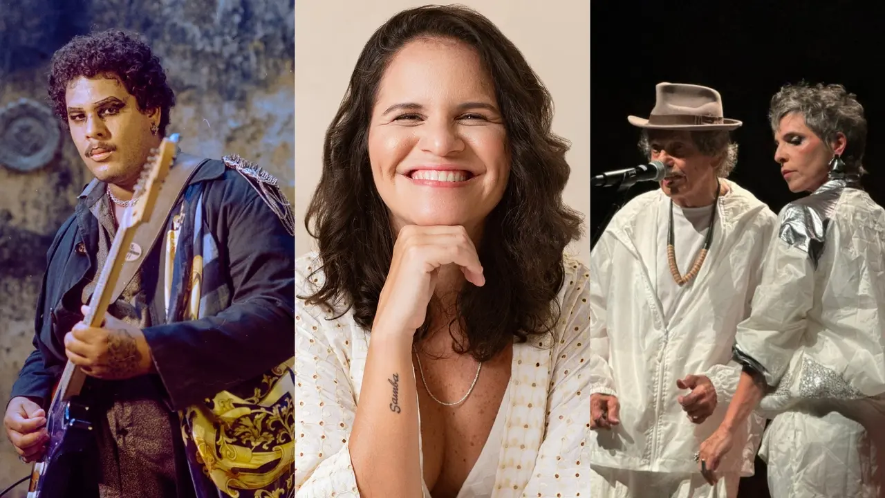 Uma montagem de três fotos destaca diferentes artistas: à esquerda, um músico com guitarra e maquiagem marcante encara a câmera, enquanto ao centro, uma mulher sorri com a mão no queixo revelando uma tatuagem no pulso. À direita, dois músicos se apresentam no palco vestindo roupas brancas e prateadas sob iluminação cênica, completando o painel de diversidade cultural.