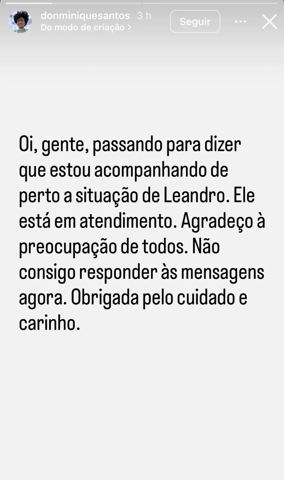 Donminique, esposa de Leandro Boneco, postou o desabafo nas redes sociais.