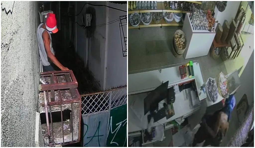 Imagens de câmeras de segurança mostram, à esquerda, uma pessoa retirando uma grade metálica em área externa durante a noite e, à direita, o interior de uma loja com objetos nas prateleiras enquanto uma pessoa se move entre os balcões.