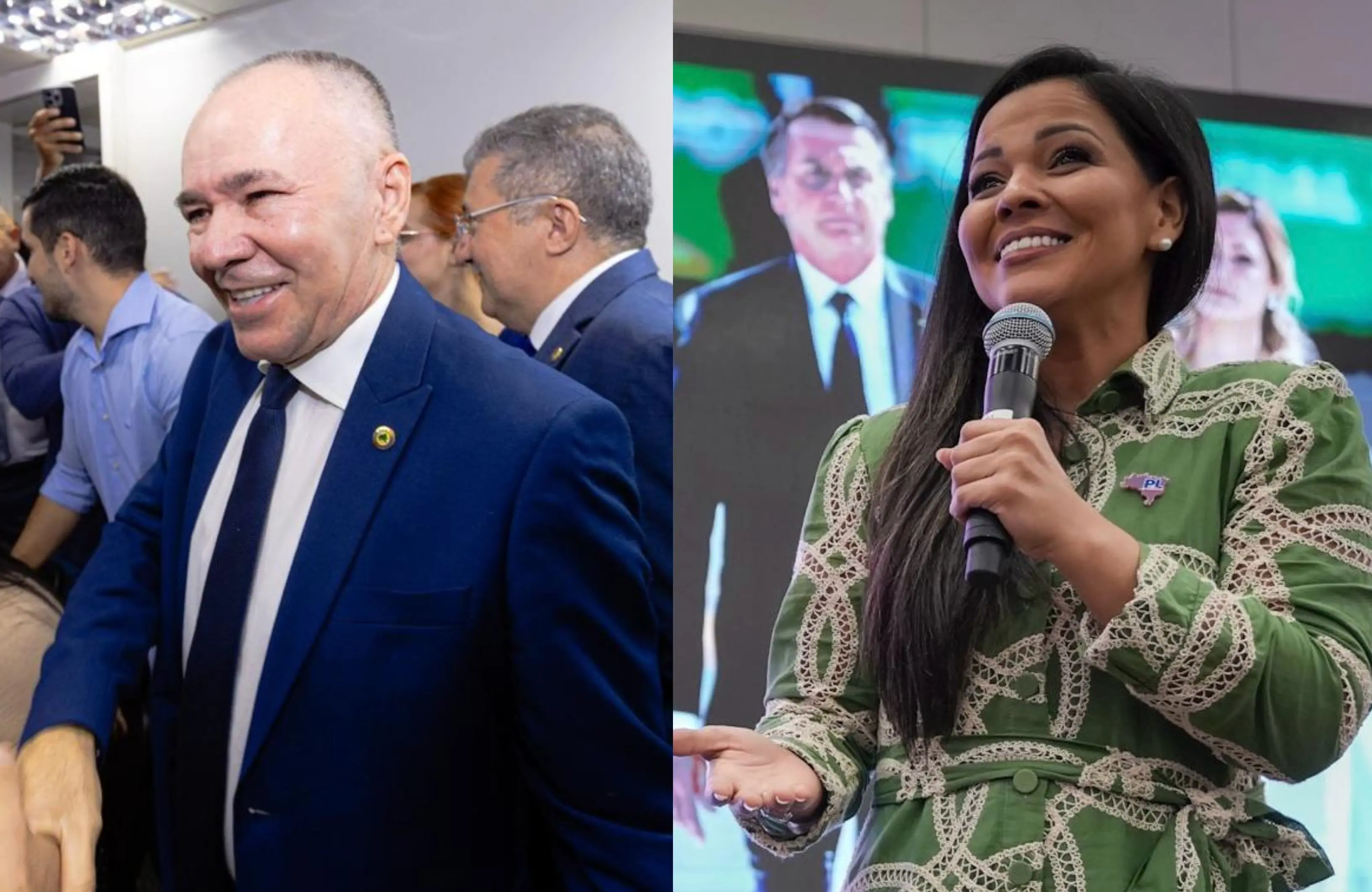 Montagem com duas imagens: à esquerda, um homem de terno azul sorri e cumprimenta pessoas em um ambiente interno movimentado; à direita, uma mulher de vestido verde fala ao microfone em um evento, com um telão ao fundo exibindo a imagem de outro homem.