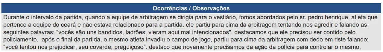 Súmula da partida relatando tentativa de agressões de Pedro Henrique ao trio de arbitragem
