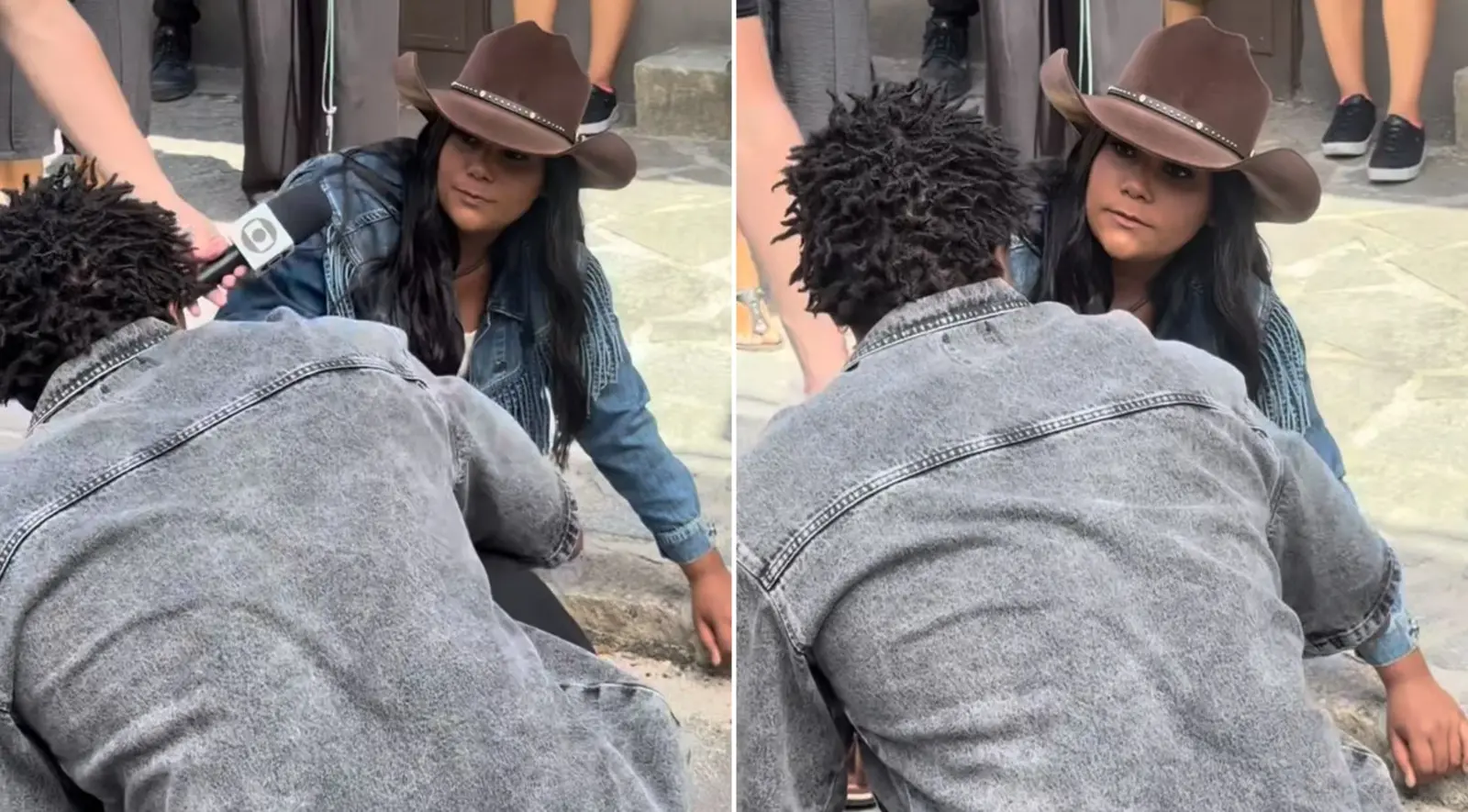 Montagem de duas fotos mostra cena da gravação de Coração Acelerado com a ex-BBB Chaiany Andrade.