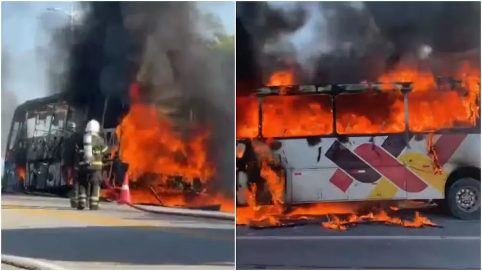 Imagem da notícia Ônibus que fazia transporte de estudantes universitários pega fogo na BR-222