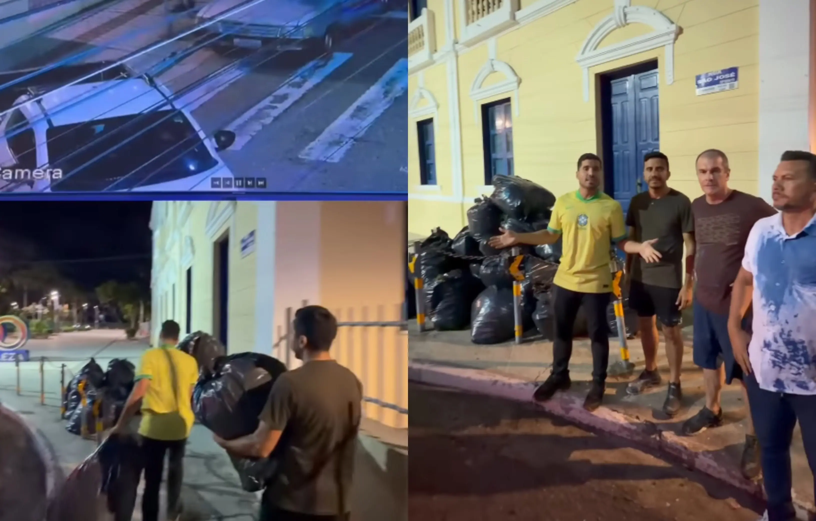 Montagem de imagens: à esquerda, gravação de câmera de segurança mostra rua à noite com carro estacionado; abaixo, dois homens carregam sacos de lixo pela calçada. À direita, quatro homens estão em frente a um prédio público, ao lado de uma pilha de sacos de lixo, um deles gesticulando enquanto fala.