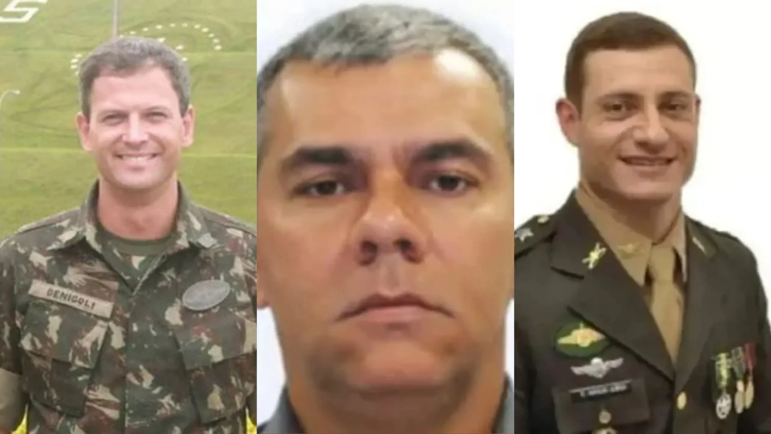 Composição de três retratos lado a lado apresentando homens em fardas militares, com diferentes padrões de camuflagem e insígnias. Enquanto os dois homens nas extremidades sorriem para a câmera, o homem ao centro mantém uma expressão séria e neutra.