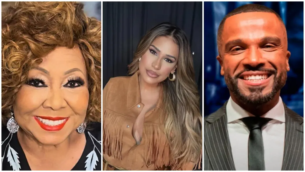 Imagem com três retratos lado a lado: à esquerda, uma pessoa com cabelo curto e encaracolado, usando brincos e batom; ao centro, uma pessoa com cabelo longo e liso, vestindo roupa com franjas; à direita, uma pessoa de terno escuro, camisa branca e gravata, em fundo azul.