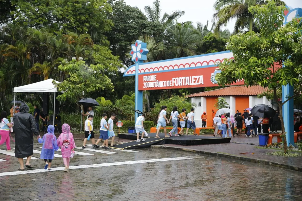 Entrada do Parque Zoobotânico de Fortaleza em um dia chuvoso, com crianças e adultos atravessando a rua usando capas de chuva e guarda-chuvas, cercados por árvores e vegetação tropical.