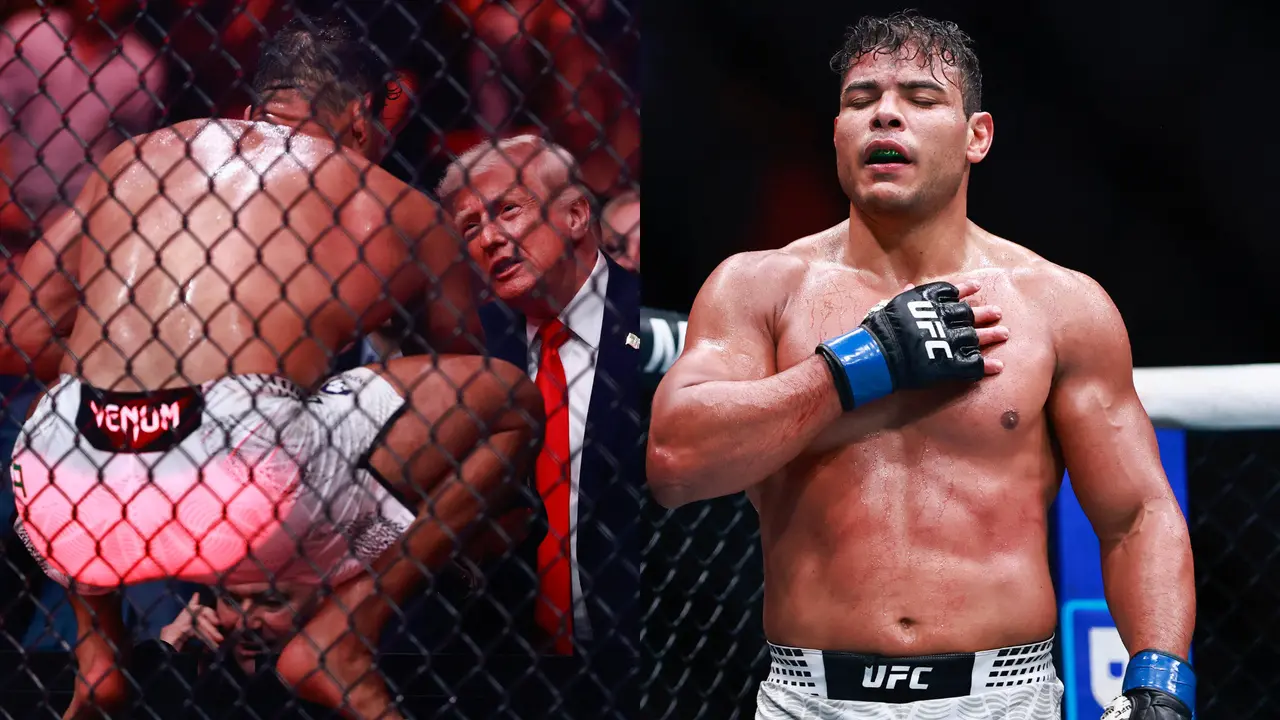 Lutador de MMA dentro do octógono aparece em duas cenas combinadas: à esquerda, visto de costas, encostado na grade enquanto, do lado de fora, Donald Trump conversa com o atleta, o mesmo lutador está em destaque, sem camisa, usando luvas do UFC e levando a mão ao peito, com o corpo iluminado pelo foco da arena e o fundo escuro.