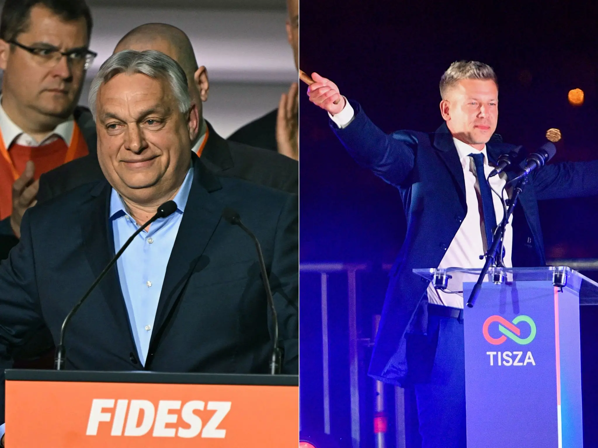 Fotos mostram Viktor Orban e Peter Magyar durante discursos na Hungria neste domingo (12).