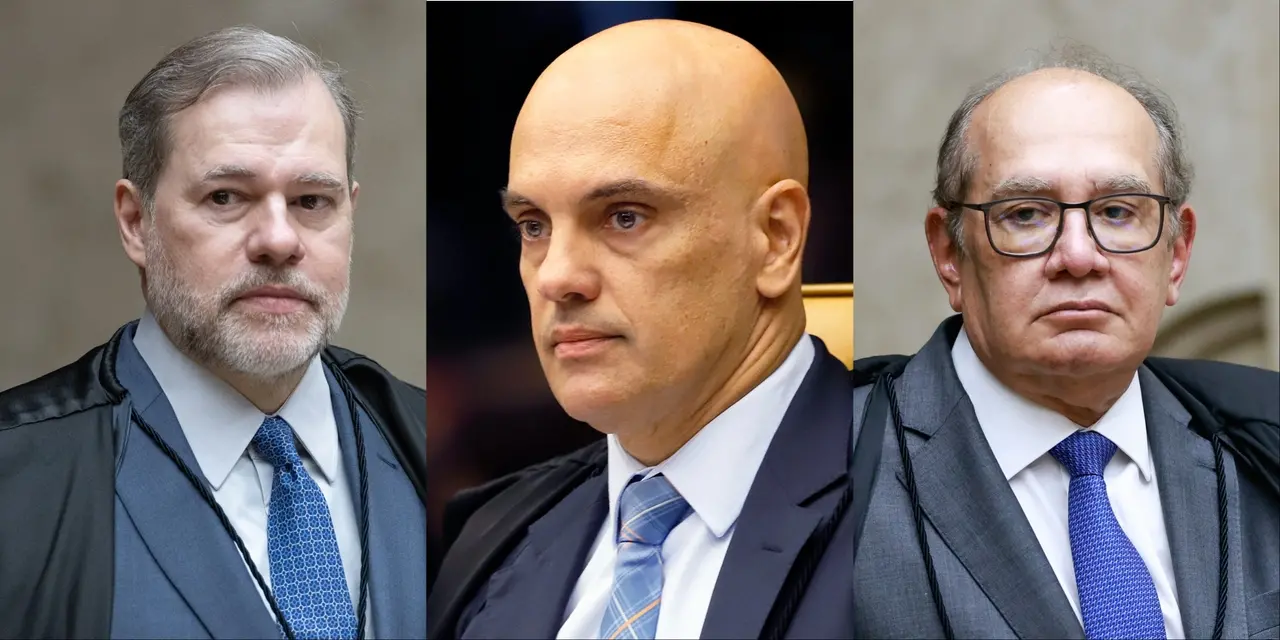 Três ministros do Supremo Tribunal Federal, Dias Toffoli, Alexandre de Moraes e Gilmar Mendes, aparecem lado a lado em retratos individuais com expressões sérias e vestindo togas oficiais. A imagem foca nos rostos dos magistrados em um plano fechado, transmitindo um tom formal e institucional.