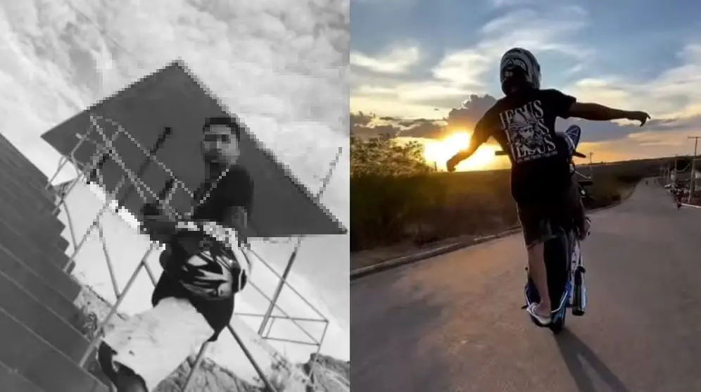 Montagem com duas imagens de motociclistas empinando motos. À esquerda, registro em preto e branco de uma pessoa com capacete segurando uma motocicleta em área externa com estrutura metálica ao fundo. À direita, pessoa empinando motocicleta em via pavimentada ao pôr do sol.