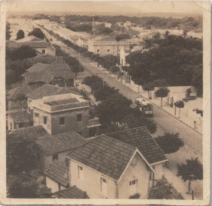 Fotografia aérea em tons de sépia da Avenida da Universidade no bairro Benfica, mostrando o Reitorado da UFC, árvores fileiradas na via e o tráfego de um bonde elétrico.