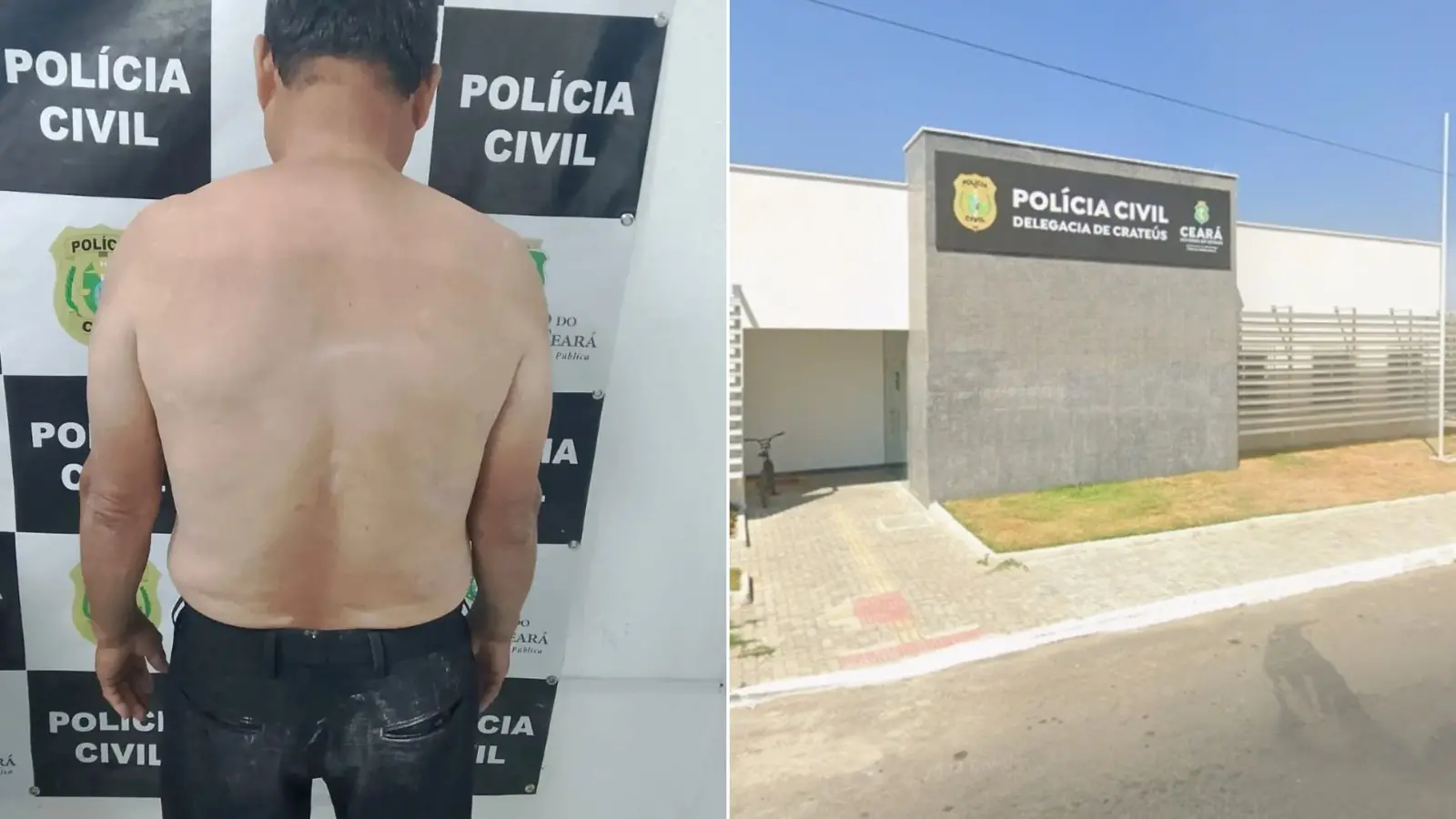 Montagem de fotos mostra, à esquerda, homem sem camisa e de bermuda preta de costas. Ele é branco e idoso, com cabelo preto. À direita, a fachada da Delegacia Regional de Crateús.