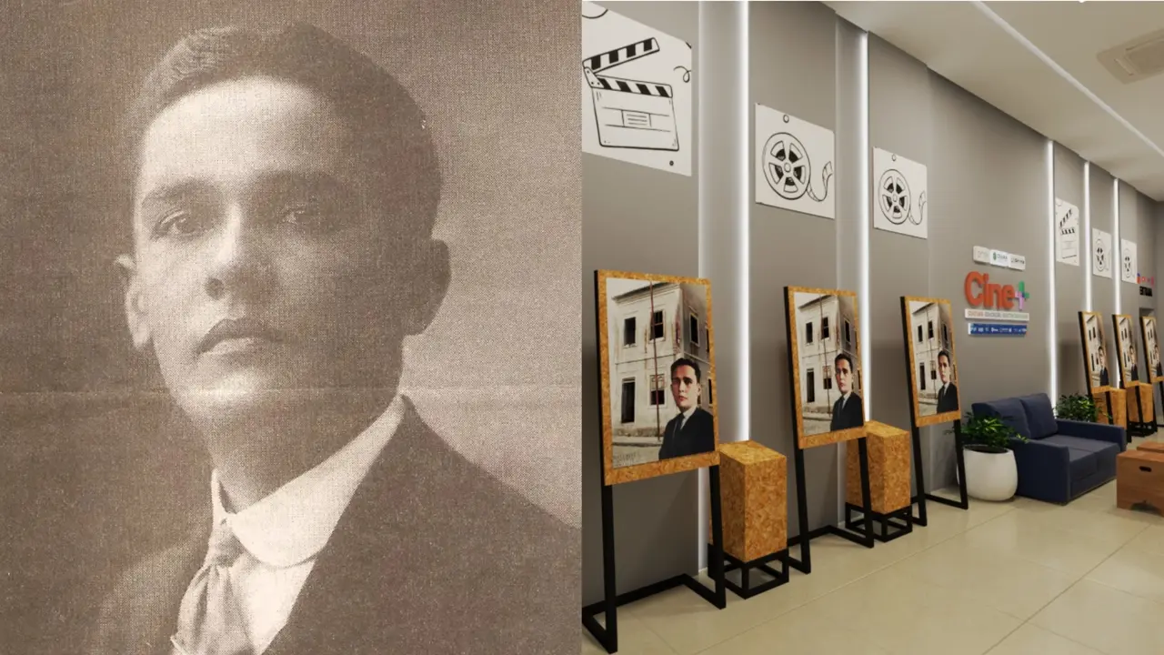 Um retrato antigo em sépia de Luiz Severiano Ribeiro é exibido ao lado de uma imagem do moderno Cine+ Baturité, onde totens com sua foto decoram o corredor da sala de cinema. O espaço contemporâneo combina elementos históricos com uma decoração minimalista, destacando ilustrações de rolos de filme e claquetes nas paredes cinzas.